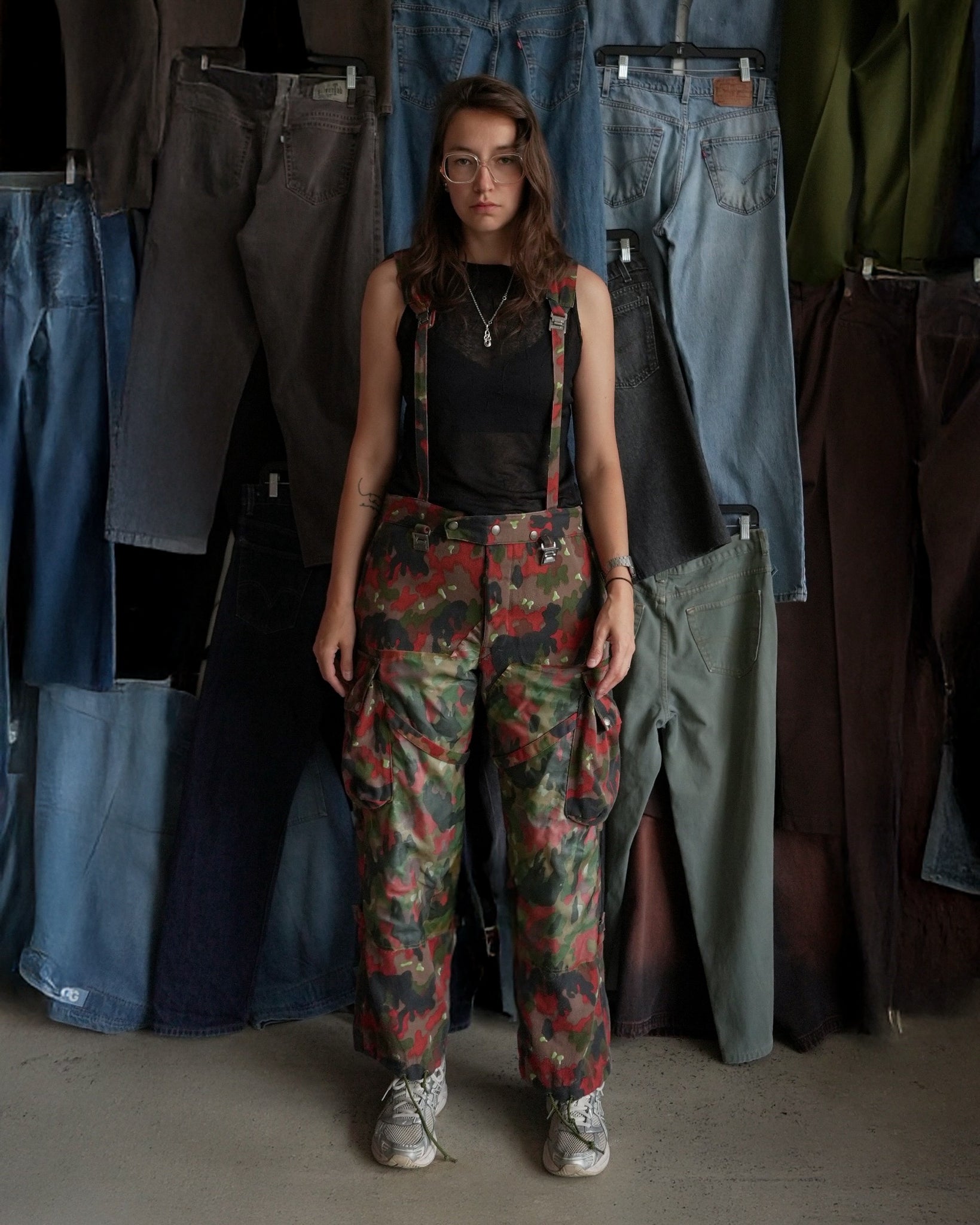 swiss camouflage suspenders cargo pants