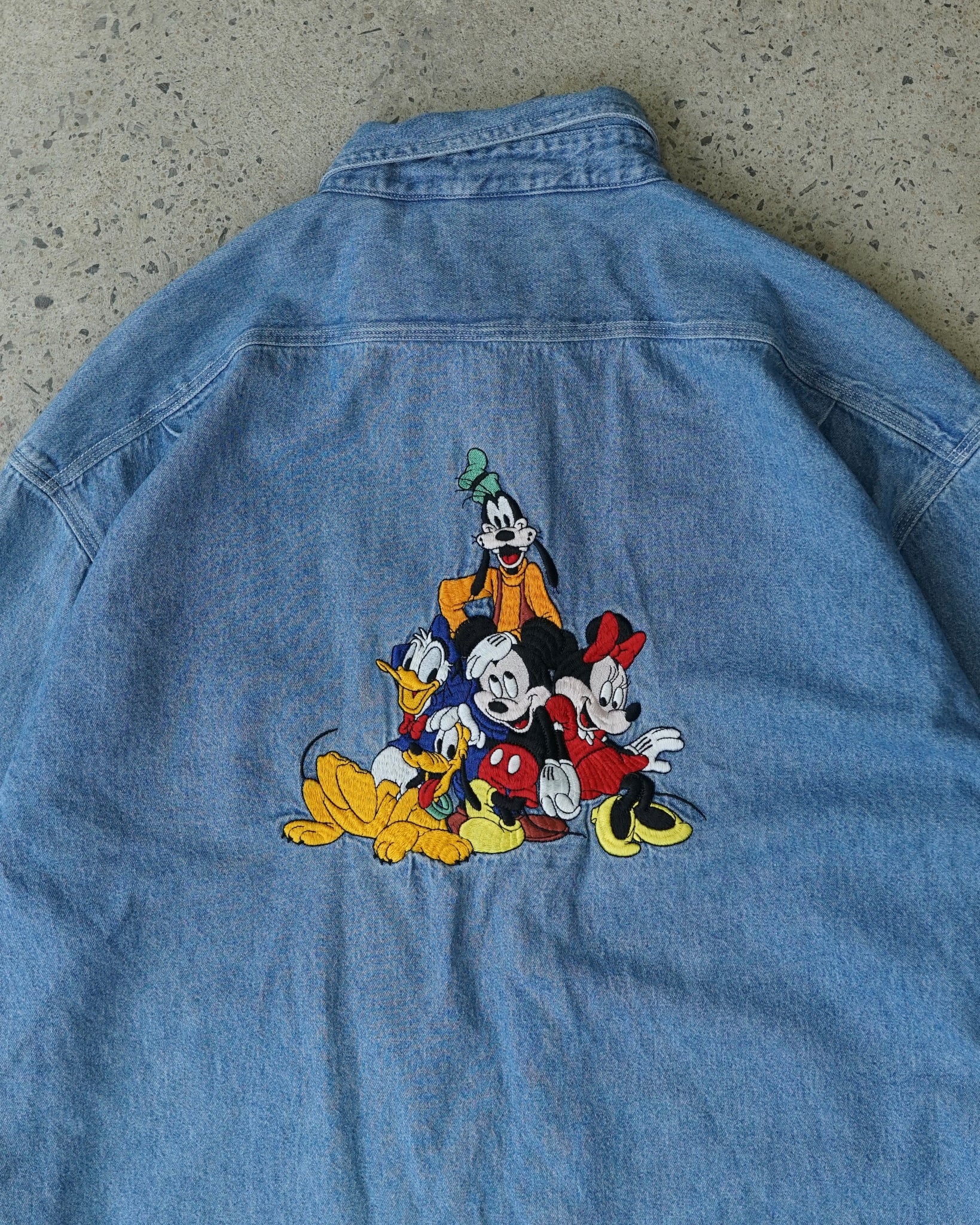 mickey mouse disney denim button-up shirt