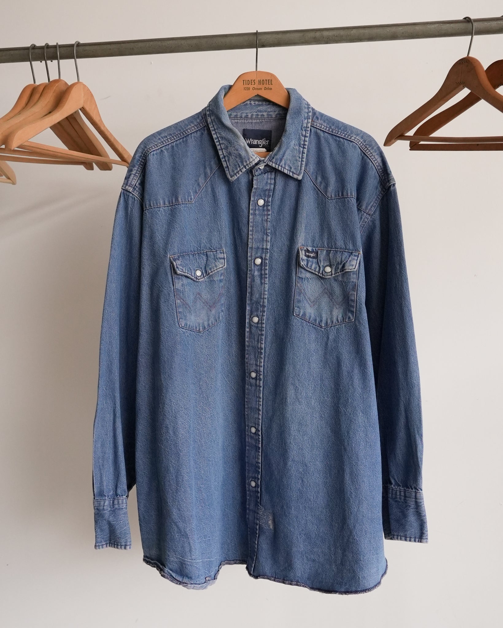 wrangler denim button-up shirt